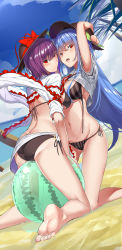 Rule 34 | 2girls, arm up, ass, asymmetrical docking, ball, bare legs, barefoot, beachball, bikini, black bikini, black hat, blue hair, blue sky, blush, bow, breast press, breasts, center frills, clothes lift, cloud, commentary request, day, food, frilled shawl, frilled shirt, frills, from behind, fruit, groin, hair between eyes, hand on headwear, hat, hat bow, highres, hinanawi tenshi, kneeling, large breasts, leaf, long hair, looking at viewer, looking back, multiple girls, nagae iku, navel, neck ribbon, neropaso, open mouth, outdoors, palm tree, peach, purple hair, red bow, red eyes, red ribbon, revision, ribbon, sand, sarong, shawl, shirt, shirt lift, short hair, short sleeves, side-tie bikini bottom, skindentation, sky, stomach, striped bikini, striped clothes, swimsuit, thighs, touhou, tree, untied bikini, vertical-striped bikini, vertical-striped clothes, very long hair, white shirt