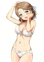 Rule 34 | 1girl, absurdres, arms up, blue eyes, blush, bow, bow bra, bow panties, bra, breasts, brown hair, cleavage, collarbone, cowboy shot, hair ornament, hair ribbon, hairclip, hand on own face, hand on own head, head tilt, highres, looking at viewer, love live!, love live! sunshine!!, medium breasts, navel, open mouth, panties, polka dot, polka dot ribbon, ribbon, sankuro (agoitei), scan, short hair, simple background, smile, solo, stomach, underwear, underwear only, watanabe you, white background, white bra, white panties