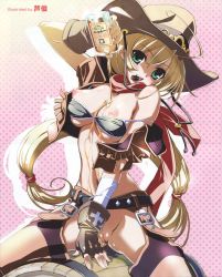 Rule 34 | 1girl, alcohol, ashishun, barrel, beer, belt, bikini, bikini top only, blonde hair, blush, bottle, breasts, chaps, cowboy hat, fingerless gloves, fringe trim, gloves, green eyes, hat, head tilt, highres, long hair, messy, mouth hold, navel, nipples, no panties, off shoulder, pussy, scan, scarf, sitting, solo, spill, straddling, strap slip, swimsuit, twintails, uncensored, very long hair, cowboy western