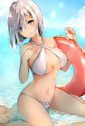 Rule 34 | 10s, 1girl, akit (15jamjam), bad id, bad pixiv id, bikini, blue eyes, breasts, cleavage, day, female focus, gradient background, hair ornament, hairclip, hamakaze (kancolle), highres, innertube, kantai collection, large breasts, looking at viewer, navel, outdoors, short hair, silver hair, sitting, smile, solo, swim ring, swimsuit, wariza, white bikini