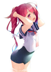 Rule 34 | 1girl, arms behind head, arms up, blue sailor collar, cowboy shot, hair ribbon, i-168 (kancolle), kantai collection, long hair, mofu namako, neckerchief, open mouth, pink neckerchief, ponytail, red eyes, red hair, ribbon, sailor collar, sailor shirt, school swimsuit, school uniform, serafuku, shirt, simple background, solo, swimsuit, swimsuit under clothes, white background