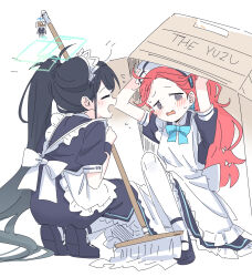 Rule 34 | 2girls, black hair, blue archive, box, halo, highres, maid, multiple girls, red hair, seal 007, twitter, white background, yuzu (blue archive), yuzu (maid) (blue archive)
