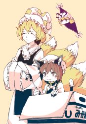 Rule 34 | 3girls, :3, animal ear fluff, animal ears, blonde hair, blush stickers, bow, bowtie, box, brown hair, carton, cat ears, cat tail, cat teaser, chen, closed mouth, earrings, closed eyes, fingernails, fox tail, gap (touhou), hands in opposite sleeves, hat, highres, in box, in container, jewelry, kamabokopic, long sleeves, mob cap, multiple girls, multiple tails, sharp fingernails, short hair, single earring, tabard, tail, touhou, wide sleeves, yakumo ran, yakumo yukari, yellow background