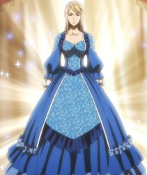Rule 34 | 1girl, black clover, blonde hair, blue dress, breasts, charlotte roselei, cleavage, dress, screencap, stitched, tagme, third-party edit