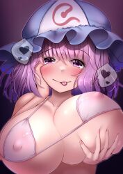 Rule 34 | 1girl, alternate breast size, bikini, blue hat, blush, breast hold, breasts, closed mouth, commentary request, covered erect nipples, hat, heart, highres, huge breasts, looking at viewer, mob cap, onkona minazuki, pink eyes, pink hair, saigyouji yuyuko, short hair, smile, solo, spoken heart, swimsuit, tongue, tongue out, touhou, triangular headpiece, upper body, white bikini