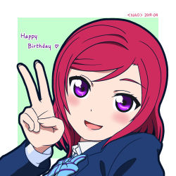 Rule 34 | 1girl, artist request, blazer, blue bow, blue bowtie, bow, bowtie, dutch angle, female focus, highres, jacket, long sleeves, looking at viewer, love live!, love live! school idol project, nishikino maki, pleated skirt, purple eyes, red hair, school uniform, short hair, skirt, smile, solo, striped bow, striped bowtie, striped clothes