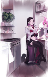 Rule 34 | 2girls, :t, ahoge, black thighhighs, blush, bra, brown hair, cat, closed eyes, closed mouth, colored inner hair, cup, drinking glass, eating, fork, hand on own cheek, hand on own face, highres, holding, holding cup, holding fork, hug, indoors, kitchen, long hair, long sleeves, multicolored hair, multiple girls, navel, no shoes, off shoulder, original, oven, pink hair, red bra, sailor collar, sitting, thighhighs, underwear, very long hair, white hair, white sailor collar, yaguo