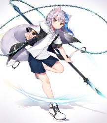Rule 34 | 1girl, animal ears, blue hair, blue shorts, chain, commentary request, fingernails, full body, gunjou row, highres, holding, holding weapon, long fingernails, long hair, multicolored hair, original, polearm, shirt, shoes, shorts, sickle, silver hair, sneakers, solo, spear, tail, weapon, white background, white shirt, wolf ears, wolf tail, yellow eyes