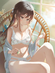 Rule 34 | 1girl, bare shoulders, blue eyes, bra, breasts, brown hair, chair, cleavage, closed mouth, collarbone, comiket 100, highres, jacket, jewelry, knee up, lingerie, long hair, looking at viewer, medium breasts, navel, necklace, off shoulder, omelet tomato, open clothes, open jacket, original, panties, sitting, smile, solo, stomach, thighs, underwear, white bra, white jacket, white panties