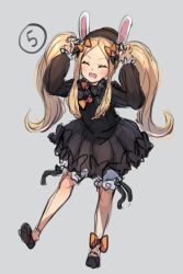 Rule 34 | 1girl, :d, ^ ^, abigail williams (fate), animal ears, black bow, black dress, black footwear, black hat, blonde hair, bloomers, blush, bow, bug, bunching hair, butterfly, closed eyes, commentary, dress, english commentary, facing viewer, fate/grand order, fate (series), forehead, full body, hair bow, hat, highres, insect, long hair, long sleeves, miya (miyaruta), open mouth, orange bow, parted bangs, polka dot, polka dot bow, rabbit ears, shoes, sidelocks, sketch, sleeves past wrists, smile, solo, twintails, underwear, very long hair, white bloomers