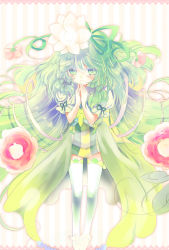 Rule 34 | 1girl, alraune (p&amp;d), blush, dress, flower, frills, full body, green dress, green hair, hair between eyes, hair flower, hair ornament, hair ribbon, hoop, knees apart feet together, komomo riri, long hair, looking at viewer, monster girl, own hands clasped, own hands together, pink background, plant, plant girl, puffy short sleeves, puffy sleeves, puzzle &amp; dragons, ribbon, short sleeves, simple background, smile, solo, standing, striped, striped background, tareme, thighhighs, vertical stripes, very long hair, zettai ryouiki