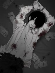 Rule 34 | ahoge, arms up, banknote, belt, bite mark, black eyes, black hair, black pants, blood, blood on clothes, blood on face, blood on hands, blush, bruise, collared shirt, cuffs, earrings, hair over one eye, handcuffs, highres, injury, jewelry, lip piercing, male focus, money, necklace, open belt, open clothes, open fly, open shirt, original, pale skin, pants, piercing, shirt, short hair, simple background, soui manshin, stud earrings, twitter username, unbuttoned, unbuttoned shirt, unbuttoned sleeves, very short hair, watermark, white shirt