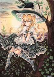 Rule 34 | 1girl, apron, aqua eyes, bird, black dress, blonde hair, bow, braid, calligraphy brush (medium), cloud, dated, dress, hat, hat bow, in tree, kirisame marisa, looking at viewer, marker (medium), mary janes, mosho, shirt, shoes, short sleeves, signature, single braid, sitting, sitting in tree, sky, smile, solo, sunset, touhou, traditional media, tree, waist apron, witch hat