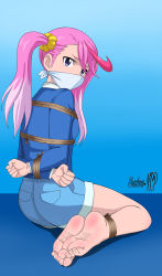 Rule 34 | 1girl, absurdres, ass, barefoot, bdsm, blue eyes, body blush, bondage, bound, bound ankles, bound wrists, cloth gag, digimon, digimon universe: appli monsters, foot focus, gag, gagged, highres, improvised gag, karan eri, looking back, multicolored hair, over the nose gag, pink hair, rope, scrunchie, shadow xcp, shorts, twintails