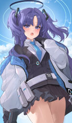 Rule 34 | 1girl, black gloves, black skirt, blue archive, blue necktie, blush, collared shirt, cowboy shot, day, gloves, halo, highres, hinaumma, jacket, long hair, long sleeves, mechanical halo, necktie, open clothes, open jacket, open mouth, outdoors, pleated skirt, purple eyes, purple hair, shirt, skirt, solo, two side up, white jacket, white shirt, yuuka (blue archive)