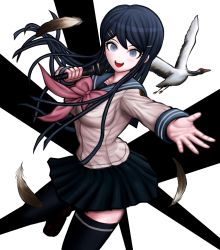 Rule 34 | 1girl, :d, bird, black hair, black skirt, black thighhighs, bow, bowtie, collarbone, danganronpa: trigger happy havoc, danganronpa (series), feathers, floating hair, grey eyes, grey shirt, hair ornament, hairclip, holding, holding microphone, long hair, looking at viewer, maizono sayaka, microphone, miniskirt, official style, open mouth, outstretched arm, pink bow, pink bowtie, pleated skirt, ryuuhou (urs87), school uniform, serafuku, shirt, skirt, smile, solo, thighhighs, zettai ryouiki