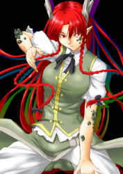 Rule 34 | 1girl, braid, dragon, dragon girl, dragon horns, ex-meiling, fighting stance, highres, hong meiling, hong meiling (dragon), horns, kemonomimi mode, long hair, monster girl, niwatazumi, pointy ears, red eyes, red hair, scales, sketch, slit pupils, solo, touhou, transformation, twin braids, very long hair