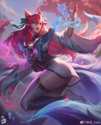 Rule 34 | 1girl, ahri (league of legends), animal ears, artist name, breasts, cherry blossoms, cleavage, cloud, detached sleeves, facial mark, falling petals, fingernails, foot out of frame, fox, fox ears, fox girl, fox tail, full body, hair between eyes, highres, incoming attack, large breasts, league of legends, long hair, looking ahead, multiple tails, nail polish, official alternate costume, official alternate hairstyle, outdoors, parted lips, petals, pink nails, pink petals, sharp fingernails, sidelocks, sky, smile, soles, solo, spirit, spirit blossom (league of legends), spirit blossom ahri, standing, standing on one leg, stirrup legwear, tail, toeless legwear, toes, tree, whisker markings, wide sleeves, yuke (weibo)
