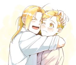 Rule 34 | 2boys, ahoge, alphonse elric, arm around neck, arms at sides, beige background, blonde hair, brothers, cheek press, close-up, closed eyes, closed mouth, collared shirt, colored eyelashes, edward elric, embarrassed, facing viewer, fingernails, fullmetal alchemist, gradient background, grey shirt, hand on another&#039;s head, head rub, heads together, hug, light blush, long sleeves, male focus, matching hair/eyes, motion lines, multiple boys, nervous, one eye closed, open mouth, pai (1111), parted bangs, ponytail, raised eyebrow, rubbing, shirt, siblings, simple background, sleeves rolled up, sweatdrop, swept bangs, tareme, teeth, upper body, upper teeth only, v-shaped eyebrows, wavy mouth, white background, white shirt, yellow eyes