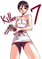 Rule 34 | 1girl, blood, dress, female focus, gun, kaede smith, killer7, no pussy, oyatsu (mk2), short hair, solo, weapon, white background, white dress