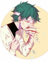 Rule 34 | 1boy, alternate costume, bandages, bandages over eyes, beige sweater, black shirt, blood, blood from mouth, boku no hero academia, commentary request, coughing flowers, daisy, flower, from side, green hair, li he, long sleeves, male focus, midoriya izuku, shirt, short hair, simple background, solo, turtleneck, upper body, vomiting blood, white flower