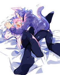 Rule 34 | 2boys, absurdres, animal ears, bed, bed sheet, between legs, black pantyhose, blush, brothers, cat boy, cat ears, cat tail, closed eyes, commentary request, fangs, fingers interlaced, full body, hair between eyes, happy, head on pillow, highres, holding, holding hands, hood, hood down, hoodie, karato (uenomigi), long sleeves, midriff peek, multiple boys, original, pantyhose, pillow, pink hair, purple hair, purple hoodie, raito-kun (uenomigi), sheet, short hair, siblings, simple background, smile, tagme, tail, uenomigi, white background, white hoodie, yaoi