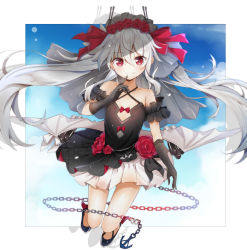 Rule 34 | 1girl, azur lane, bare shoulders, bat wings, black dress, black footwear, black gloves, blue sky, bow, bridal veil, chain, closed mouth, cloud, collarbone, commentary request, criss-cross halter, dress, elbow gloves, finger to mouth, flower, full body, gloves, grey wings, hair between eyes, hair bow, hair flower, hair ornament, halterneck, highres, himemiya shuang, long hair, looking at viewer, metal wings, red bow, red eyes, red ribbon, ribbon, shoes, silver hair, sky, smile, solo, vampire (azur lane), vampire (eloi&#039;s blessing) (azur lane), veil, very long hair, wings