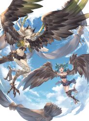 2girls ayacho bandeau bird_legs breasts claws cleavage closed_mouth cloud commission elil_(granblue_fantasy) fang fang_out feathered_wings flying granblue_fantasy green_hair hair_intakes hair_over_one_eye harpy head_wings highres horns indie_virtual_youtuber lincoro long_hair monster_girl multiple_girls navel open_mouth outdoors pubic_tattoo short_hair shorts skeb_commission small_breasts talons tattoo tiara very_long_hair virtual_youtuber winged_arms wings