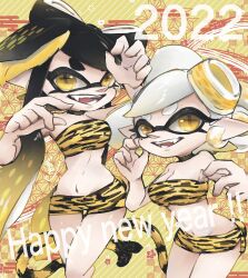 Rule 34 | 2022, 2girls, animal print, asa no ha (pattern), bandeau, bike shorts, black choker, black hair, blonde hair, breasts, callie (splatoon), chinese zodiac, choker, claw pose, commentary, cousins, cross-shaped pupils, english text, fangs, food, food on head, gradient hair, grey hair, happy new year, highres, inkling, long hair, looking at viewer, marie (splatoon), medium breasts, micro shorts, microskirt, midriff, mole, mole under eye, multicolored hair, multiple girls, navel, new year, nintendo, object on head, okome 2g2g, open mouth, pointy ears, print bandeau, print shorts, print skirt, short hair, shorts, skirt, smile, splatoon (series), swept bangs, symbol-shaped pupils, tail, tentacle hair, tiger print, tiger tail, very long hair, year of the tiger, yellow bandeau, yellow shorts, yellow skirt
