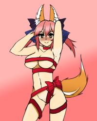 Rule 34 | 10s, 1girl, :&gt;, absurdres, animal ears, armpits, blush, bow, breasts, choker, drawfag, fate/extra, fate (series), fox ears, fox tail, hair bow, hands in hair, highres, naked ribbon, navel, pink hair, ribbon, ribbon choker, solo, tail, tamamo no mae (fate/extra), underboob, yellow eyes