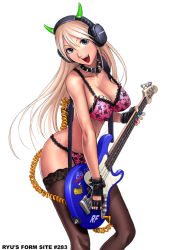 Rule 34 | 1girl, :d, bass guitar, bikini, blonde hair, bra, breasts, cable, cleavage, collar, creatures (company), fang, fingerless gloves, frills, game freak, gen 1 pokemon, gloves, guitar, headphones, horns, instrument, lace, lace-trimmed legwear, lace bra, lace panties, lace trim, large breasts, lingerie, long hair, looking at viewer, multicolored nails, nail polish, nintendo, open mouth, original, panties, pikachu, pink bra, pink panties, pokemon, pokemon (creature), ryu (ryu&#039;s form site), simple background, smile, solo, spiked collar, spikes, standing, swimsuit, thighhighs, underwear, underwear only, white hair