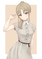 Rule 34 | 1girl, absurdres, arm up, arms behind back, blush, border, breasts, brown eyes, brown hair, closed mouth, commentary request, cowboy shot, dress, grey dress, head tilt, highres, irise, long hair, looking at viewer, medium breasts, nijisanji, outside border, parted bangs, pink background, ponytail, short hair, sidelocks, simple background, sister claire, sister claire (3rd costume), smile, solo, virtual youtuber, white border