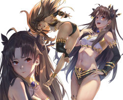 Rule 34 | 1girl, ahoge, anklet, armlet, ass, asymmetrical legwear, asymmetrical sleeves, backlighting, bare shoulders, bikini, black bow, blush, bow, breasts, brown hair, cleavage, closed mouth, collarbone, detached sleeves, earrings, fate/grand order, fate (series), feet, gold trim, hair bow, hand on own hip, hand on own chest, highleg, highleg bikini, hoop earrings, ishtar (fate), jewelry, legs, long hair, looking at viewer, medium breasts, mismatched bikini, multiple views, navel, neck ring, open mouth, parted bangs, red eyes, simple background, single detached sleeve, single thighhigh, smile, soles, sparkle, swimsuit, thighhighs, tiara, tight (ohmygod), two side up, uneven legwear, uneven sleeves, white background