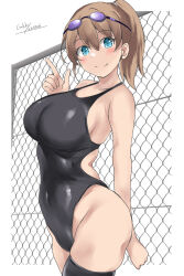 Rule 34 | 1girl, black one-piece swimsuit, black thighhighs, breasts, brown eyes, chain-link fence, competition swimsuit, covered navel, fence, gakky, goggles, goggles on head, green eyes, highleg, highleg swimsuit, highres, index finger raised, intrepid (kancolle), kantai collection, large breasts, looking at viewer, medium hair, one-hour drawing challenge, one-piece swimsuit, ponytail, simple background, solo, swimsuit, thighhighs, white background