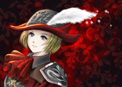 Rule 34 | 1girl, adventurer (ff11), armor, ascot, blonde hair, blue eyes, closed mouth, feathers, final fantasy, final fantasy xi, hat, hat feather, highres, hume, lips, pink lips, piyoco, red ascot, red mage (final fantasy), short hair, shoulder armor, solo, upper body, white feathers