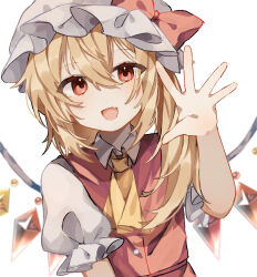 Rule 34 | 1girl, ascot, blonde hair, bow, buttons, chicachang, collared shirt, crystal, fang, flandre scarlet, hair between eyes, hat, hat bow, highres, looking at viewer, mob cap, one side up, open hand, open mouth, puffy short sleeves, puffy sleeves, red bow, red eyes, shirt, short sleeves, skin fang, smile, solo, touhou, upper body, white background, white hat, white shirt, wings, yellow ascot