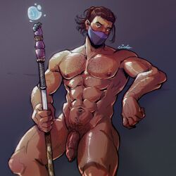 Rule 34 | 1boy, abs, bara, blush, completely nude, dark-skinned male, dark skin, eido art, foreskin, head tilt, highres, holding, holding polearm, holding weapon, large pectorals, looking at viewer, male focus, mask, mature male, mortal kombat (series), mouth mask, muscular, muscular male, navel, navel hair, nipples, nude, pectorals, polearm, pubic hair, rain (mortal kombat), short hair, solo, sparse chest hair, sparse pubic hair, stomach, thick eyebrows, thick thighs, thighs, weapon
