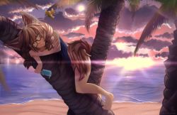 Rule 34 | 1girl, animal ears, bad id, bad tumblr id, barefoot, beach, braid, brown hair, elin, food, glasses, green eyes, in tree, long hair, looking at viewer, lucky clover (luckyxclover), lying, ocean, one-piece swimsuit, palm tree, popsicle, solo, swimsuit, tail, tera online, tree, twin braids
