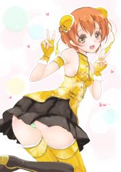 Rule 34 | 10s, 1girl, blush, bun cover, chinese clothes, double bun, double v, fingerless gloves, frapowa, gloves, hoshizora rin, looking at viewer, love live!, love live! school idol festival, love live! school idol project, open mouth, orange hair, panties, short hair, skirt, smile, solo, thighhighs, underwear, v