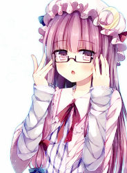 Rule 34 | 1girl, abandon ranka, bespectacled, blush, capelet, chestnut mouth, crescent, dress, glasses, hair ribbon, hat, highres, long hair, long sleeves, looking at viewer, open mouth, patchouli knowledge, purple dress, purple eyes, purple hair, ribbon, simple background, solo, striped clothes, striped dress, touhou, tress ribbon, very long hair, white background, white dress