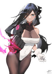 Rule 34 | 1girl, absurdres, alios arvin, bare shoulders, black hair, blue eyes, bodystocking, breasts, cleavage, clenched hand, collar, determined, hair over one eye, halterneck, highres, large breasts, legs together, leotard, looking at viewer, mechanical hands, mole, mole under eye, navel, one eye covered, original, pantyhose, see-through, single mechanical hand, skindentation, thighs, white leotard