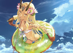 Rule 34 | 1girl, :p, bandeau, bare shoulders, bikini, blonde hair, blue sky, breasts, butt crack, cleavage, cloud, cloudy sky, commentary request, cowboy shot, day, earrings, facial mark, fate/grand order, fate (series), flower, food, from above, front-tie bikini top, front-tie top, gluteal fold, hair flower, hair ornament, highres, horns, ibaraki douji (fate), ice cream, ice cream cone, innertube, jewelry, leaning forward, long hair, looking at viewer, looking up, md5 mismatch, navel, redjuice, resolution mismatch, revision, side-tie bikini bottom, sidelocks, sky, small breasts, solo, source smaller, swim ring, swimsuit, tattoo, tongue, tongue out, very long hair, yellow eyes