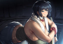 Rule 34 | 1girl, absurdres, armpits, ass, bare shoulders, black hair, blue eyes, blush, breasts, curvy, denim, genderswap, genderswap (mtf), getter robo, highres, huge ass, huge breasts, jeans, leaning against railing, leaning forward, looking at viewer, nagare ryoma, pants, railing, short hair, sleeveless, smile, solo, sweat, thirty 8ght, thong, towel, towel around neck