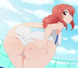 Rule 34 | 1girl, ass, ass grab, bad id, bad pixiv id, bare shoulders, blush, breasts, competition swimsuit, covered anus, deep skin, from behind, hands on own hips, hip focus, huge ass, keijo!!!!!!!!, large breasts, leaning, leaning forward, long hair, looking at viewer, looking back, merunyaa, one-piece swimsuit, ponytail, red eyes, red hair, sideboob, smile, solo, spread ass, swimsuit, thick thighs, thighs, toyoguchi non, wide hips