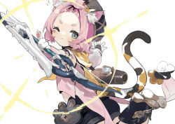 Rule 34 | 1girl, :3, absurdres, animal ear fluff, animal ears, bangs pinned back, black footwear, black shorts, blush, boots, bow (weapon), bridal gauntlets, cat ears, cat tail, child, detached sleeves, diona (genshin impact), fang, genshin impact, gloves, green eyes, hat, highres, holding, holding bow (weapon), holding weapon, one eye closed, pink hair, sh (shinh), short eyebrows, shorts, simple background, solo, tail, weapon, white background