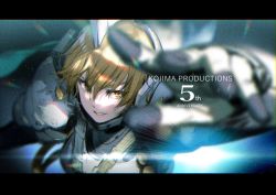 Rule 34 | 1girl, anniversary, armor, backpack, bag, blonde hair, genderswap, genderswap (mtf), kojima productions, letterboxed, ludens, mascot, outstretched arm, parted lips, science fiction, short hair, shoulder armor, smile, solo, yellow eyes, yukihiko (hikosan)