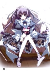 Rule 34 | 1girl, :&lt;, absurdres, cat, feathers, highres, inugami kira, knees together feet apart, long hair, maid, maid headdress, pantyhose, purple eyes, purple hair, shoes, two side up, white pantyhose