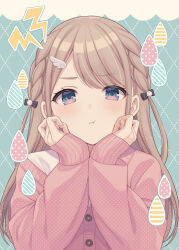 Rule 34 | 1girl, angel wings, aqua background, black bow, blue eyes, blush, bow, braid, brown hair, buttons, cardigan, closed mouth, cloud, diagonal stripes, dot nose, fingernails, hair behind ear, hair bow, hands on own face, highres, long hair, long sleeves, looking at viewer, multicolored background, original, pink cardigan, polka dot, pom pom (clothes), pout, shiromikan, shirt, sleeves past wrists, solo, striped, swept bangs, twin braids, v-shaped eyebrows, water drop, white shirt, white wings, wing hair ornament, wings