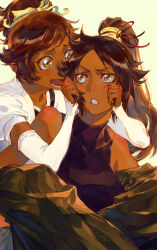 Rule 34 | 1boy, 1girl, absurdres, baggy pants, black shirt, bleach, bleach: sennen kessen-hen, brown pants, carrying, carrying person, commentary, dark-skinned female, dark-skinned male, dark skin, detached sleeves, hair ribbon, hands on another&#039;s cheeks, hands on another&#039;s face, highres, jacket, kuzen, long hair, open mouth, pants, parted bangs, parted lips, piggyback, ponytail, purple hair, ribbon, shihouin yoruichi, shihouin yuushirou, shirt, siblings, simple background, sleeveless, sleeveless shirt, symbol-only commentary, white jacket, white sleeves, yellow eyes