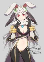 Rule 34 | 1girl, animal ears, black gloves, black pants, blue gemstone, breasts, chain, cleavage, closed mouth, coat, commentary request, cowboy shot, dated, extra ears, floppy ears, fur scarf, gem, gloves, grey background, grey coat, large breasts, long hair, long sleeves, looking at viewer, moni, navel, open clothes, open coat, pants, rabbit ears, ragnarok online, red eyes, simple background, sketch, smile, solo, suspenders, warlock (ragnarok online), white hair